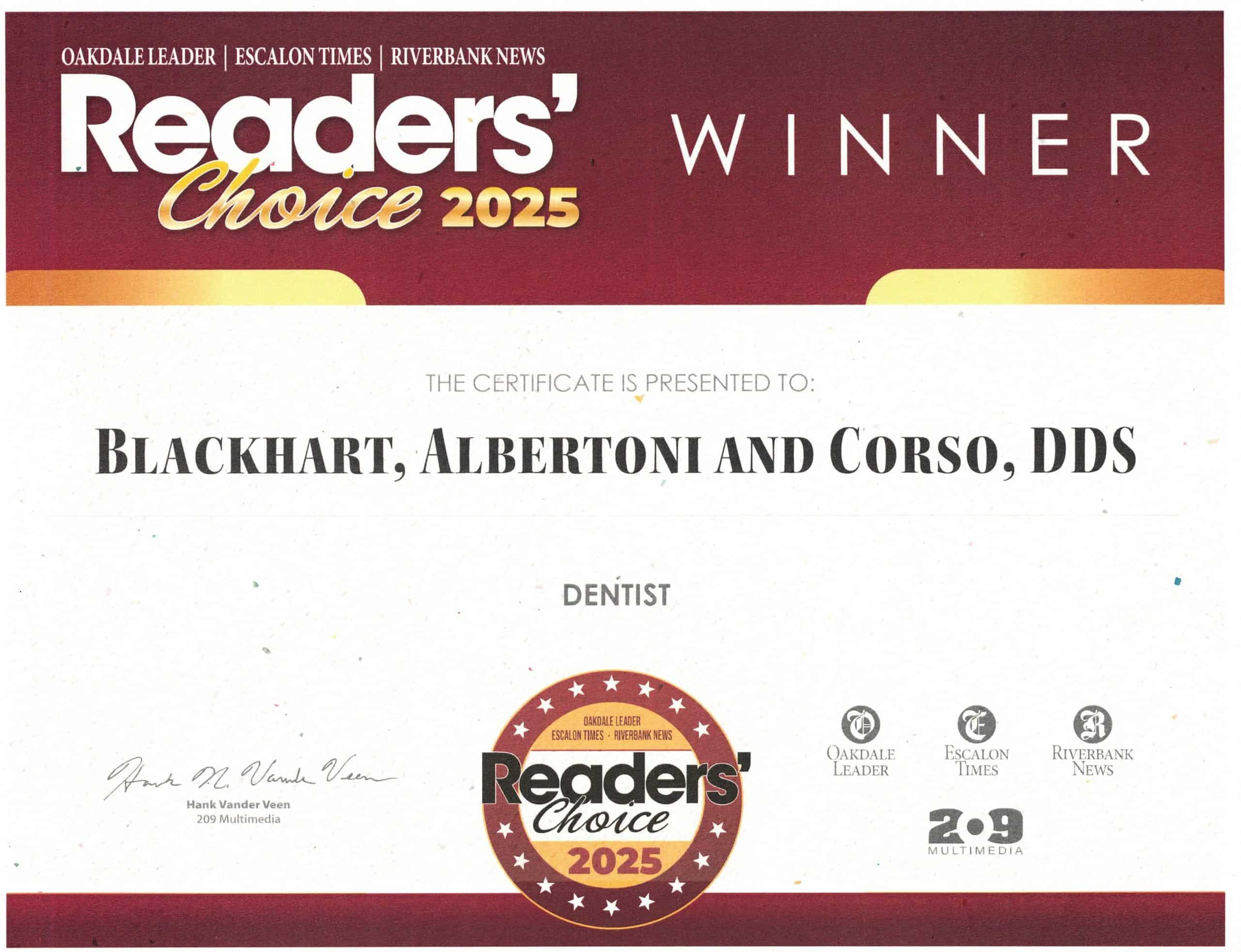 Photo of the Reader's Choice for Best Dentist 2025 awarded to Blackhart Dentistry